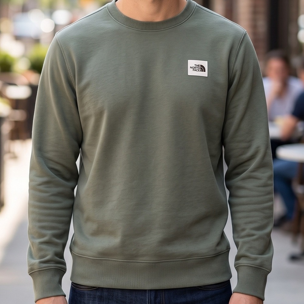 The North Face Mens Crewneck Sweatshirt Olive Green Fleece Pullover Logo Patch